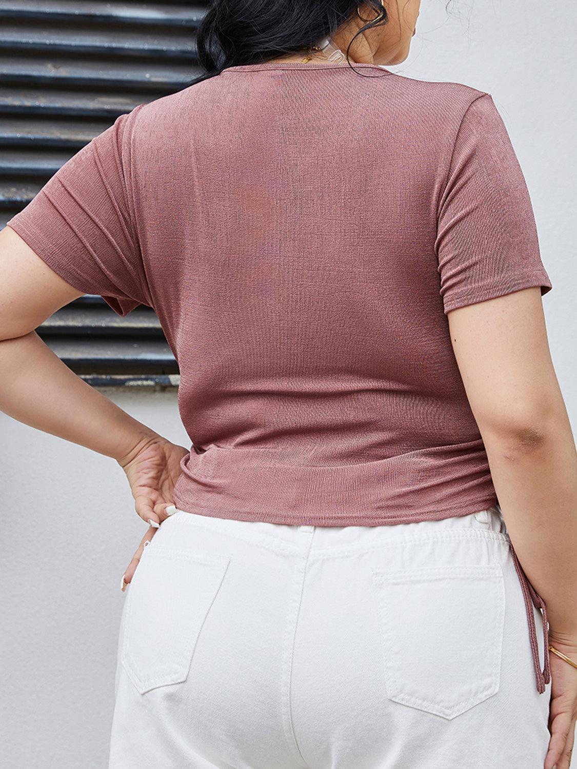 Plus Size Ruched Tied Surplice Blouse - ClubOn