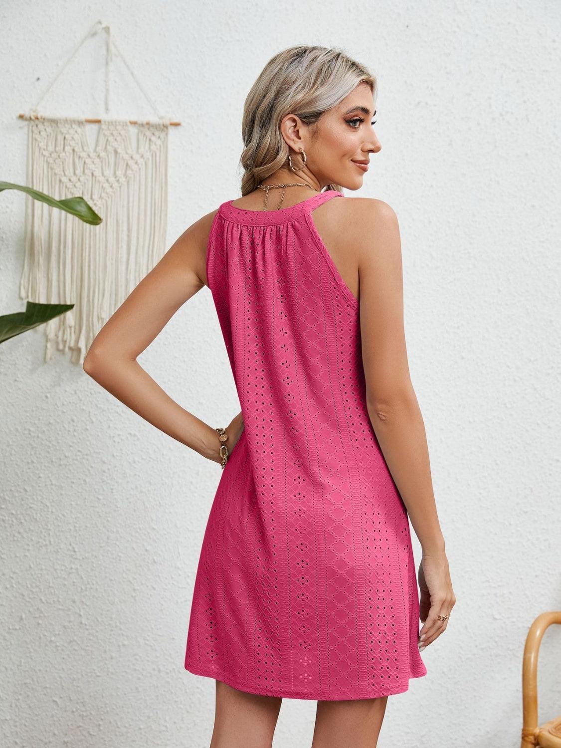Eyelet Grecian Neck Mini Dress - ClubOn