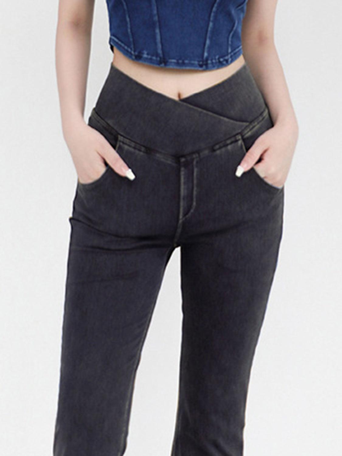 Wide Waistband Bootcut Jeans with Pockets - ClubOn