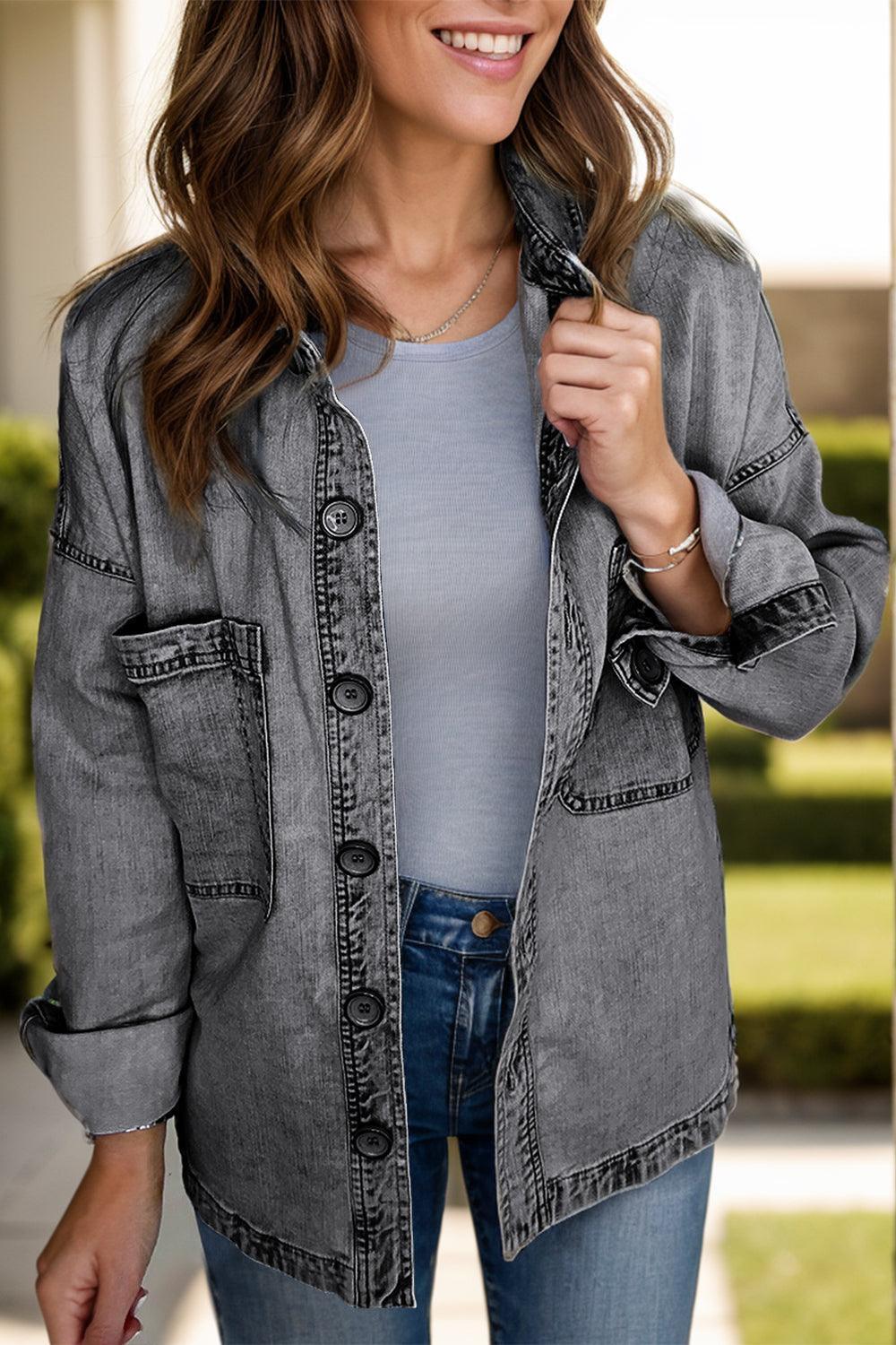 Button Up Long Sleeve Denim Jacket - ClubOn