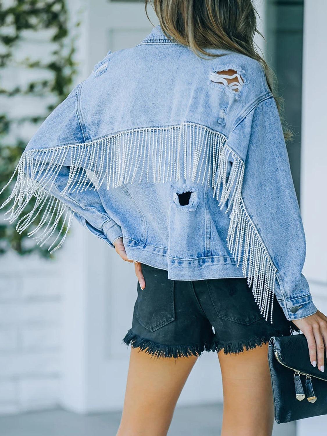 Distressed Fringe Denim Jacket - ClubOn