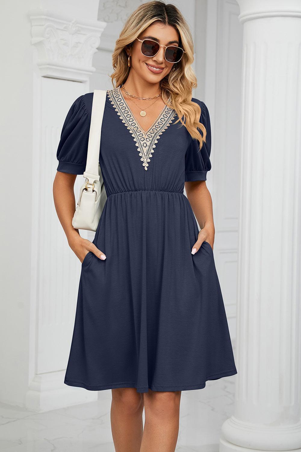 V-Neck Puff Sleeve Dress - ClubOn