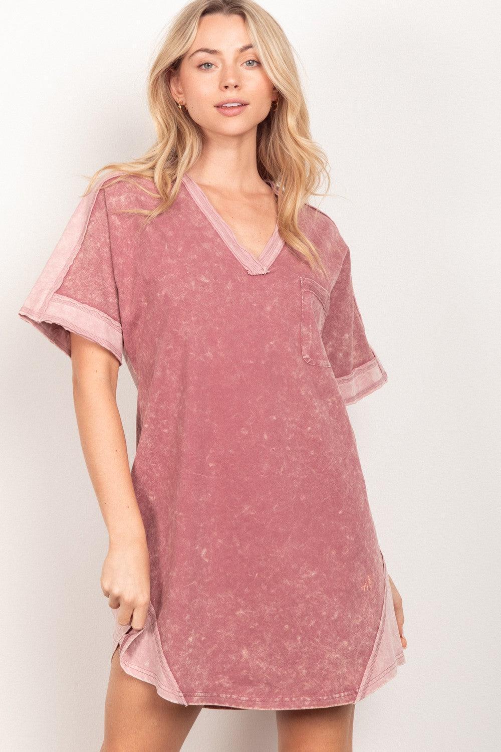 VERY J Short Sleeve V-Neck Tee Dress - ClubOn