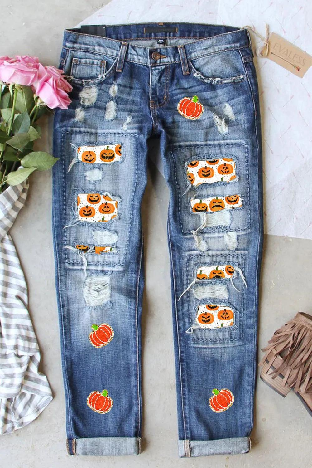 Distressed Pumpkin Jeans with Pockets - ClubOn