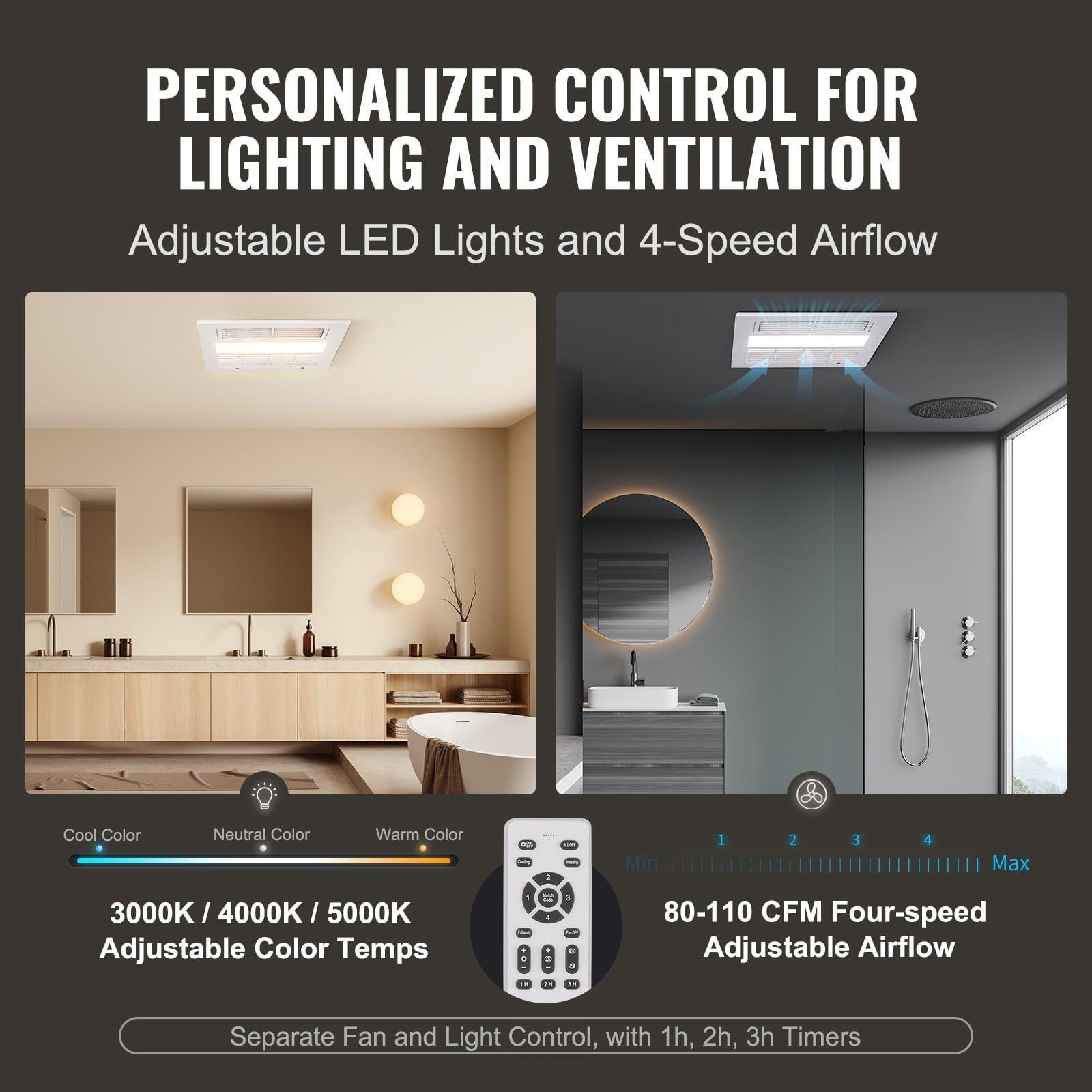 SKYSHALO Bathroom Vent Fan – 1500W Heater, 110 CFM, Quiet 1.5 Sones, Energy Efficient, Ceiling Mounted - ClubOn