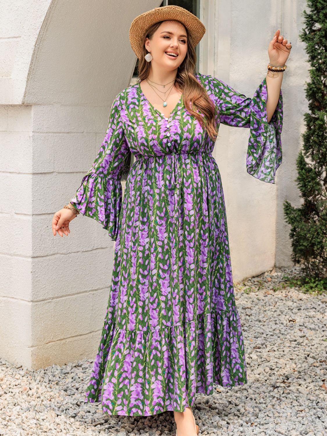 Plus Size Printed V-Neck Long Sleeve Maxi Dress - ClubOn
