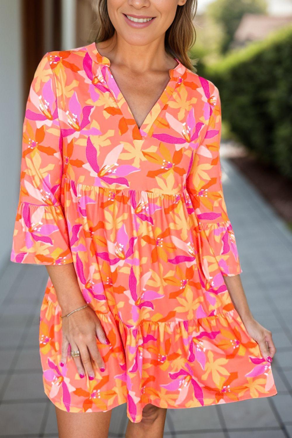 Tiered Printed Notched Mini Dress - ClubOn