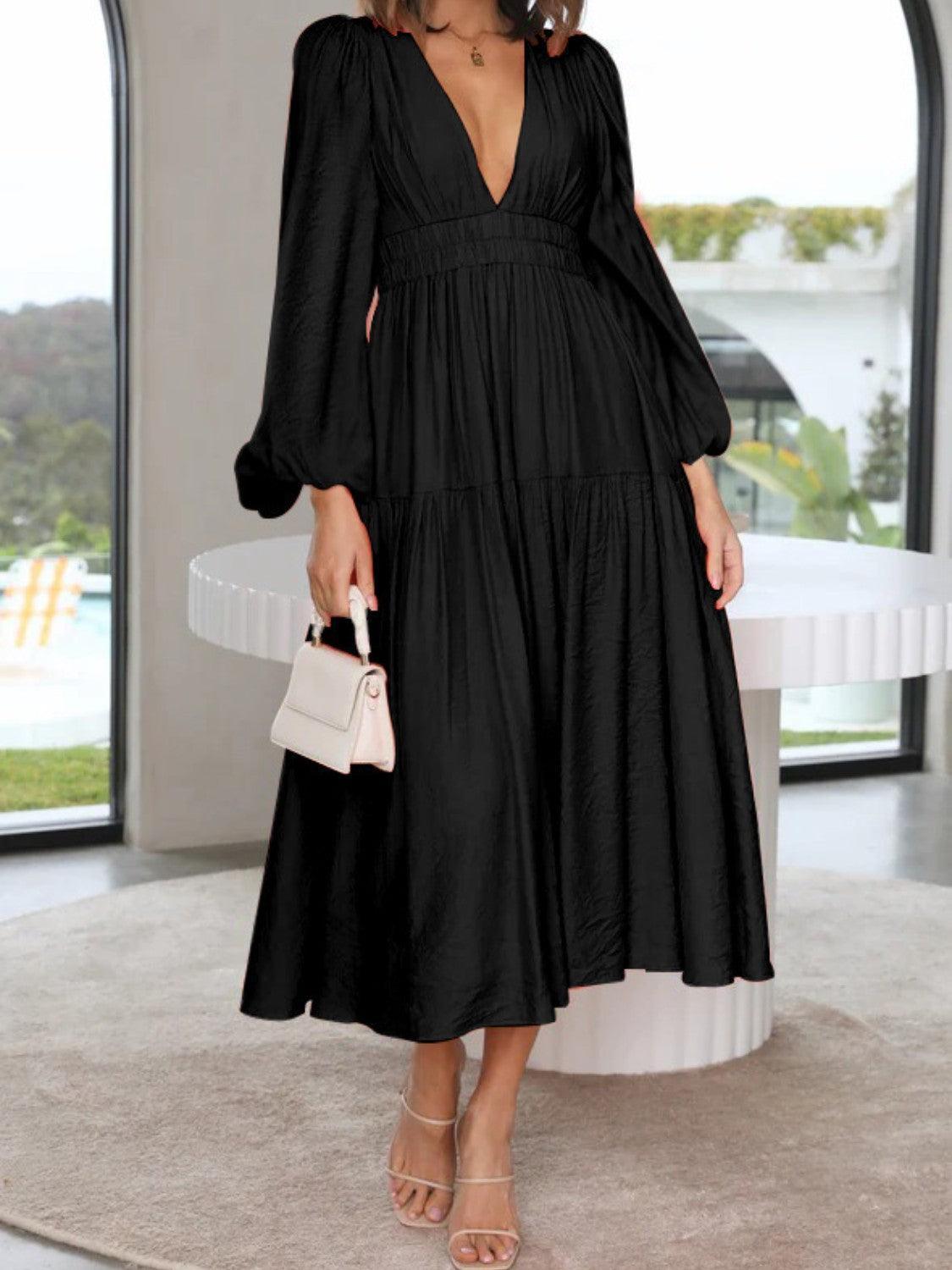 Deep V-Neck Balloon Sleeve Plain Maxi Dress - ClubOn