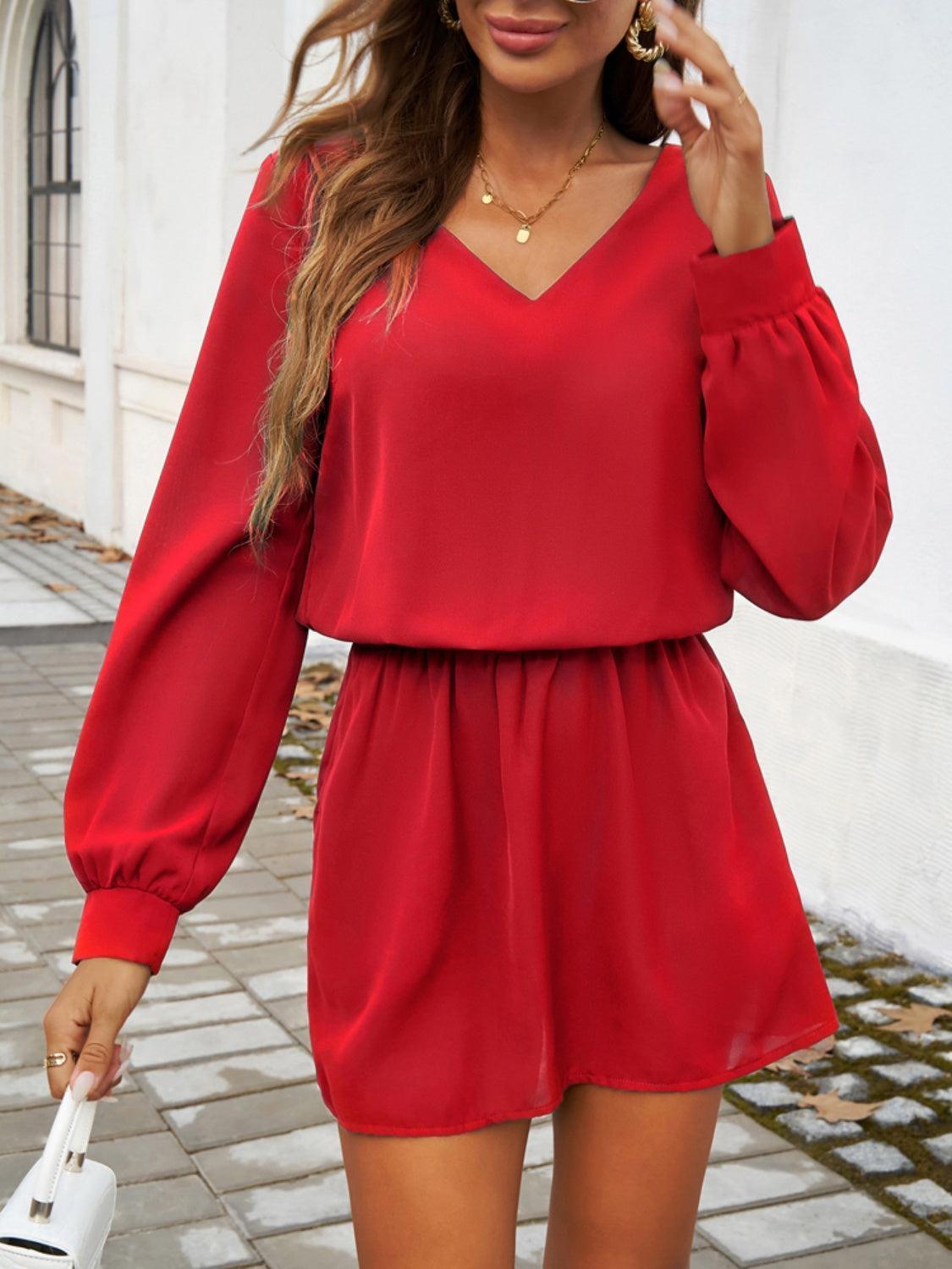 Devine Cutout V-Neck Long Sleeve Mini Dress - ClubOn