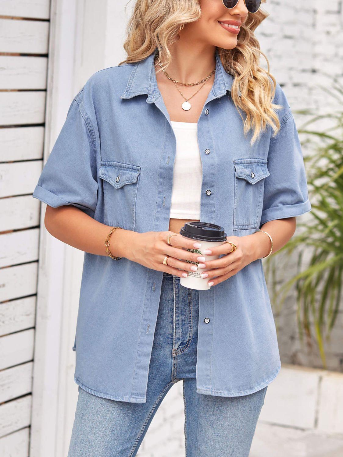 Collared Neck Short Sleeve Denim Jacket - ClubOn