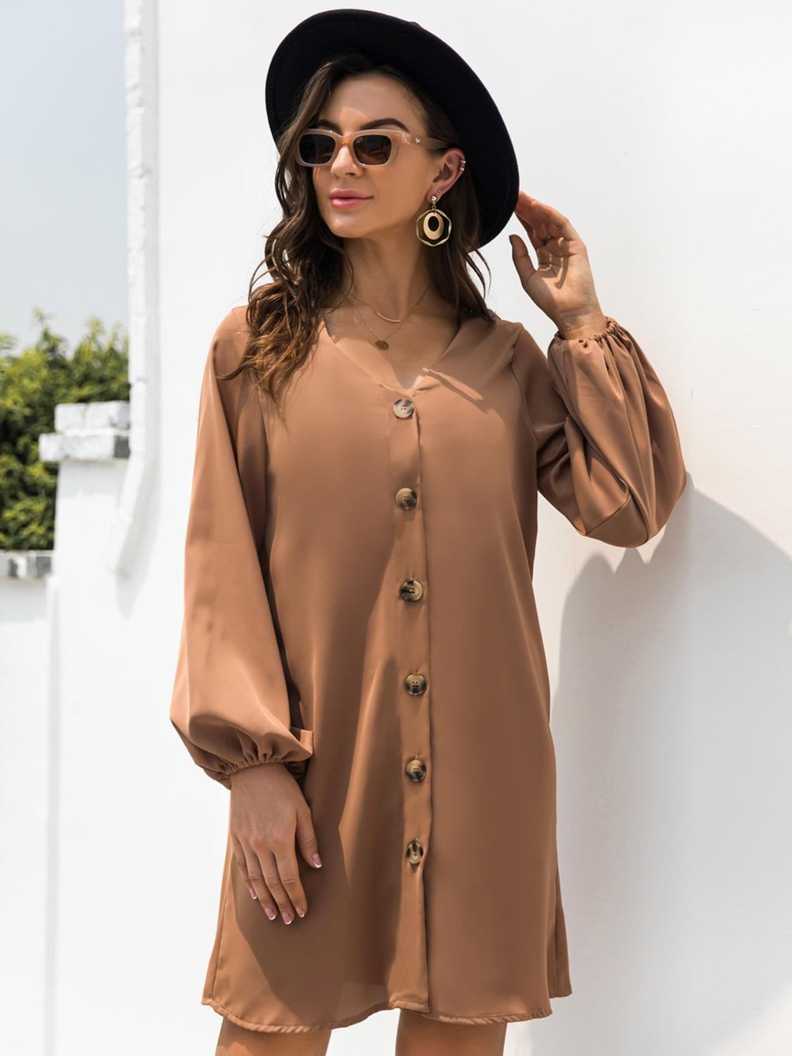 V-Neck Long Sleeve Mini Dress - ClubOn