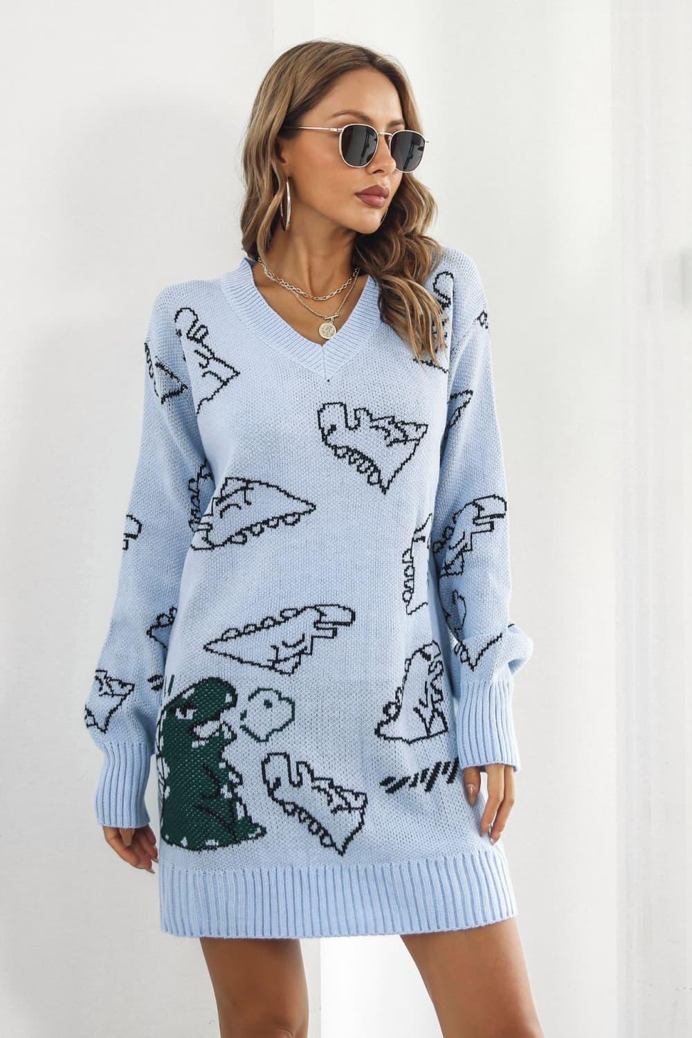Dinosaur Pattern V-Neck Sweater Dress - ClubOn