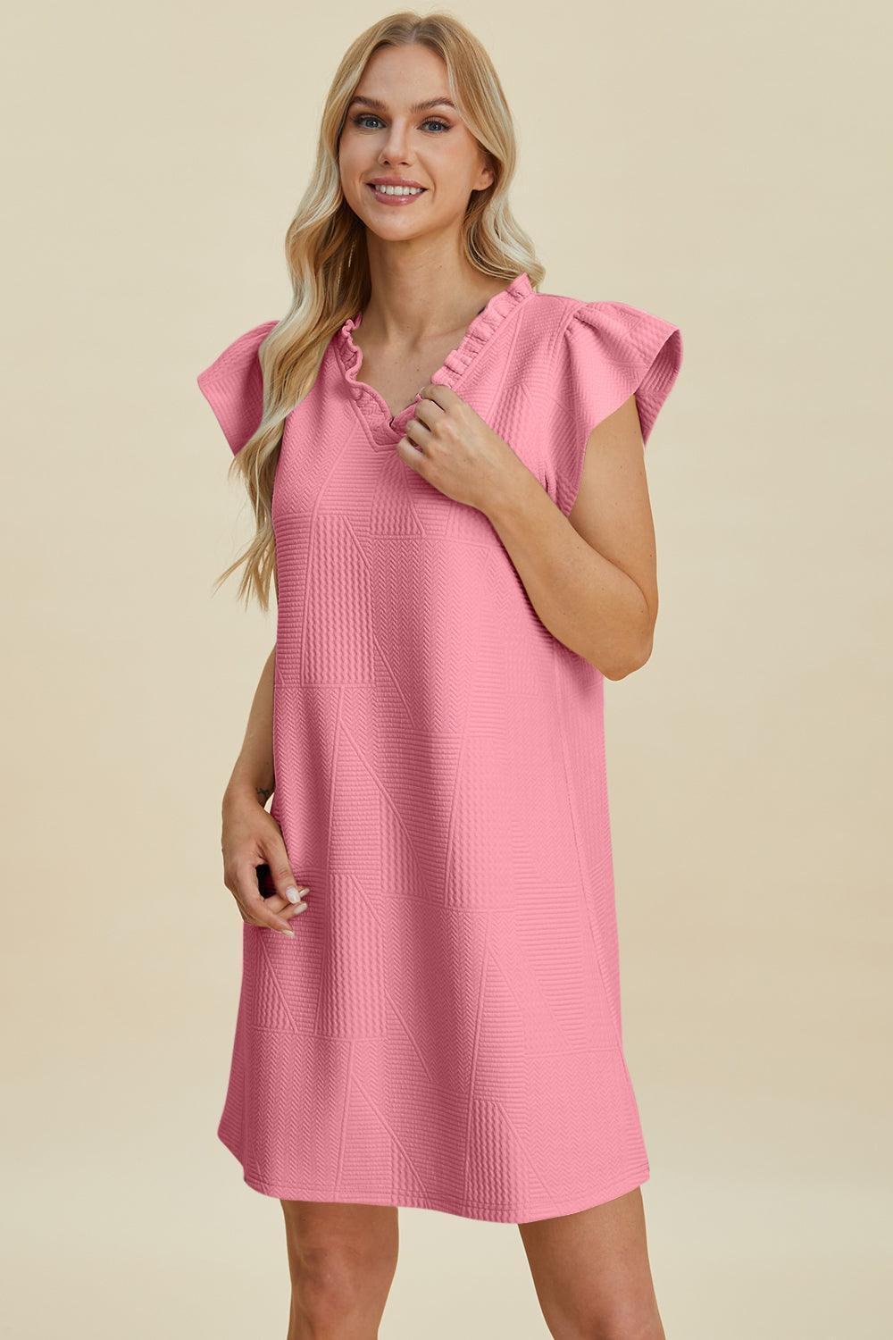 Double Take Full Size Ruffled V-Neck Cap Sleeve Dress - ClubOn