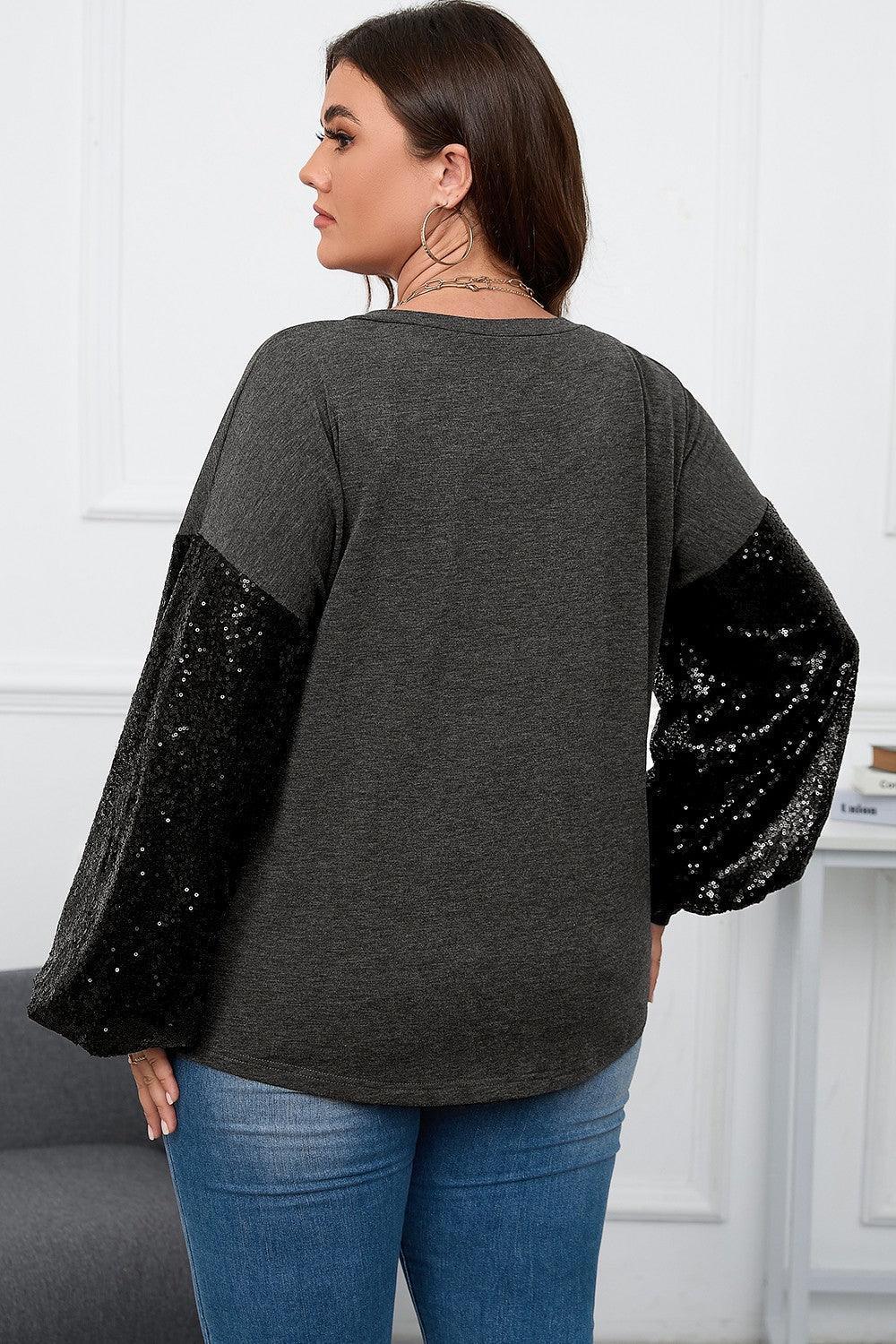 Plus Size Sequin Long Sleeve V-Neck Top - ClubOn