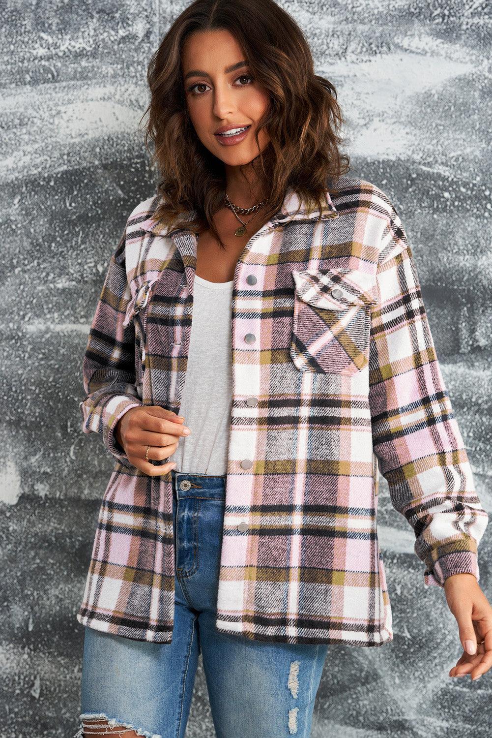 Double Take Plaid Button Front Shirt Jacket with Breast Pockets - ClubOn