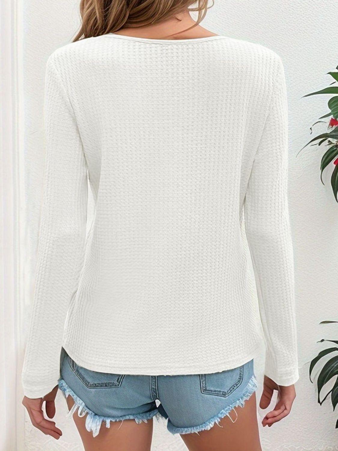 Waffle-Knit V-Neck Long Sleeve Top - ClubOn
