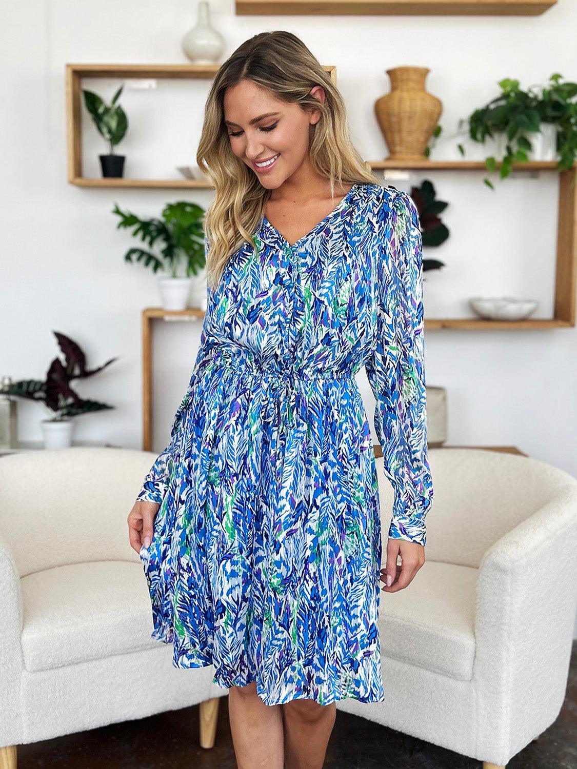 Double Take Full Size Printed Drawstring Waist Long Sleeve Dress - ClubOn