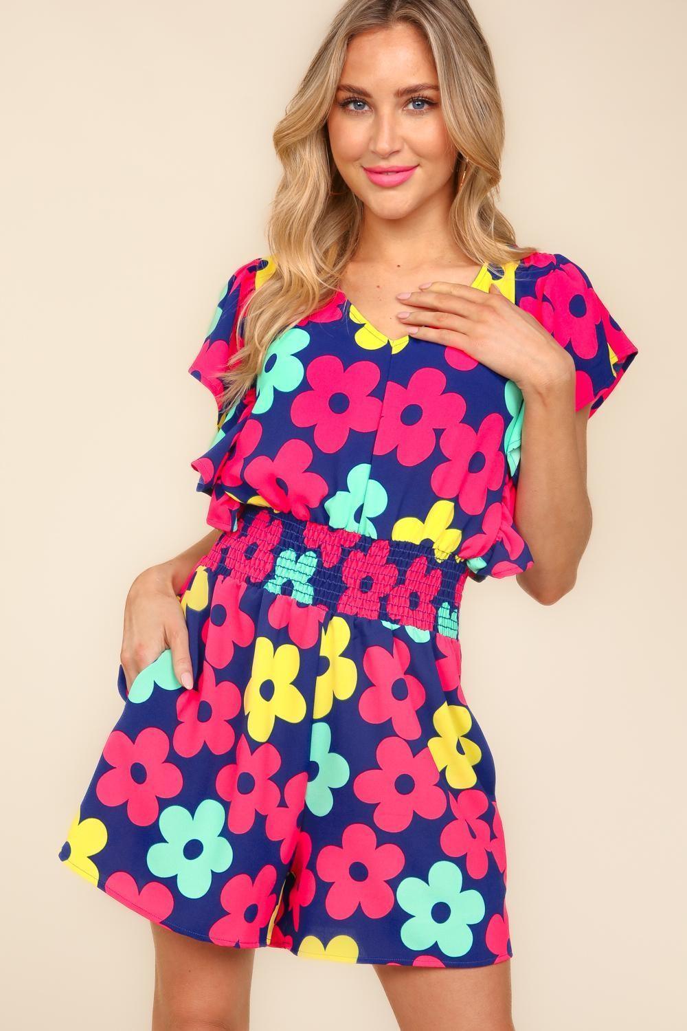 Haptics Floral Smocked Waist Romper with Side Pockets - ClubOn