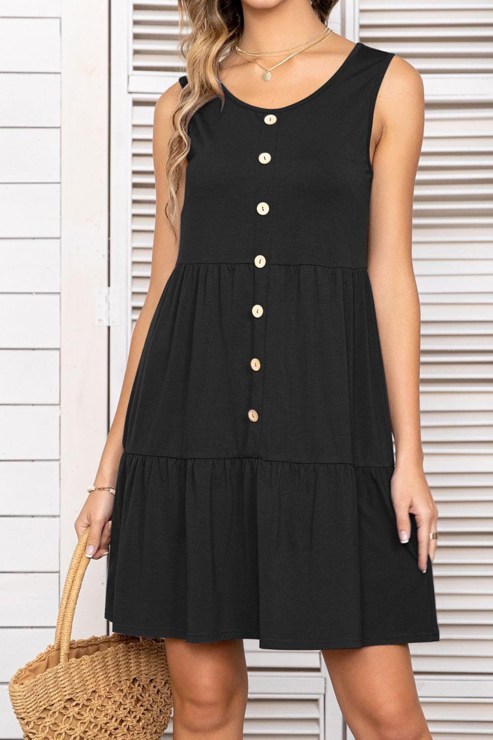 Decorative Button Scoop Neck Sleeveless Tiered Dress - ClubOn
