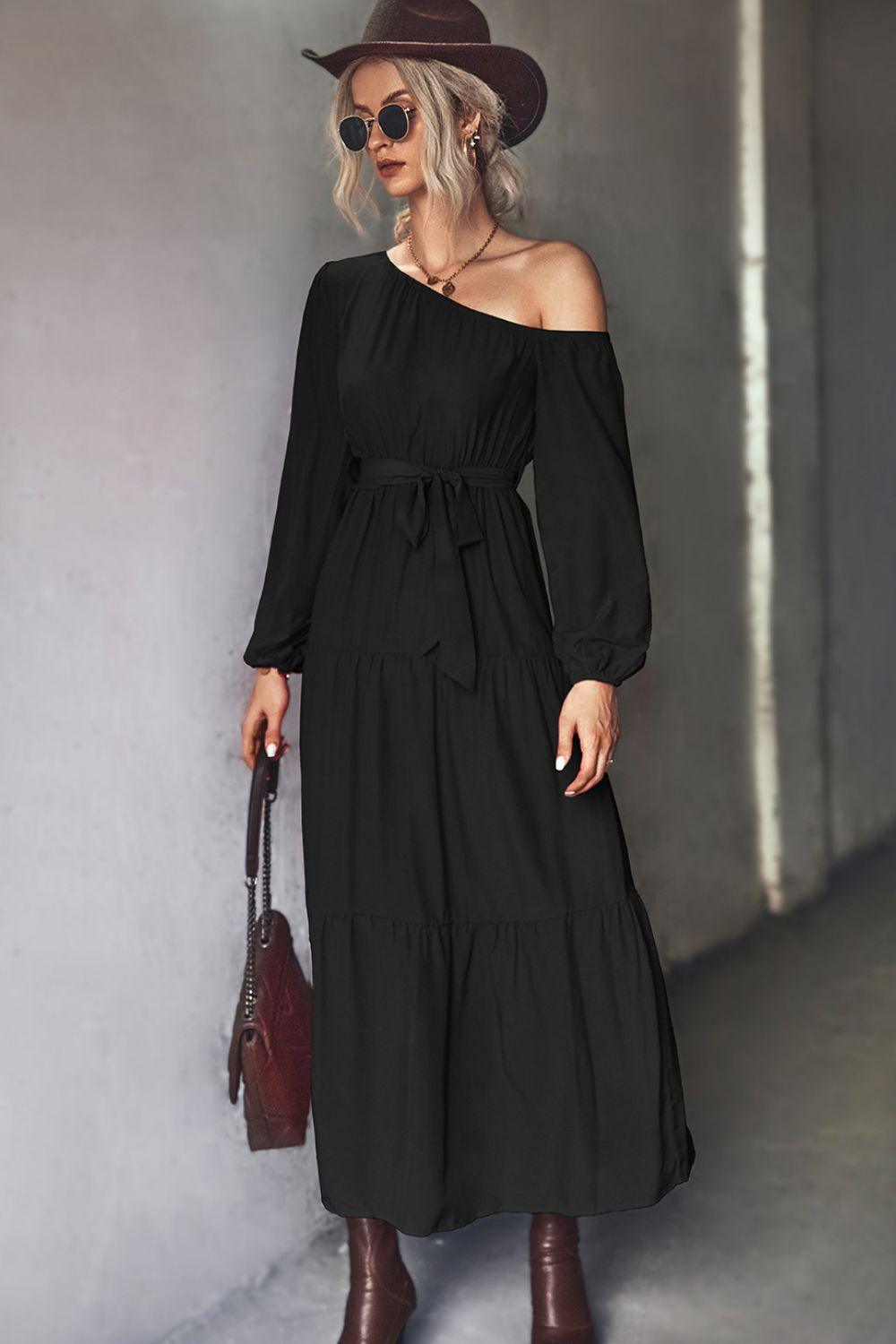 Belted One-Shoulder Tiered Maxi Dress - ClubOn
