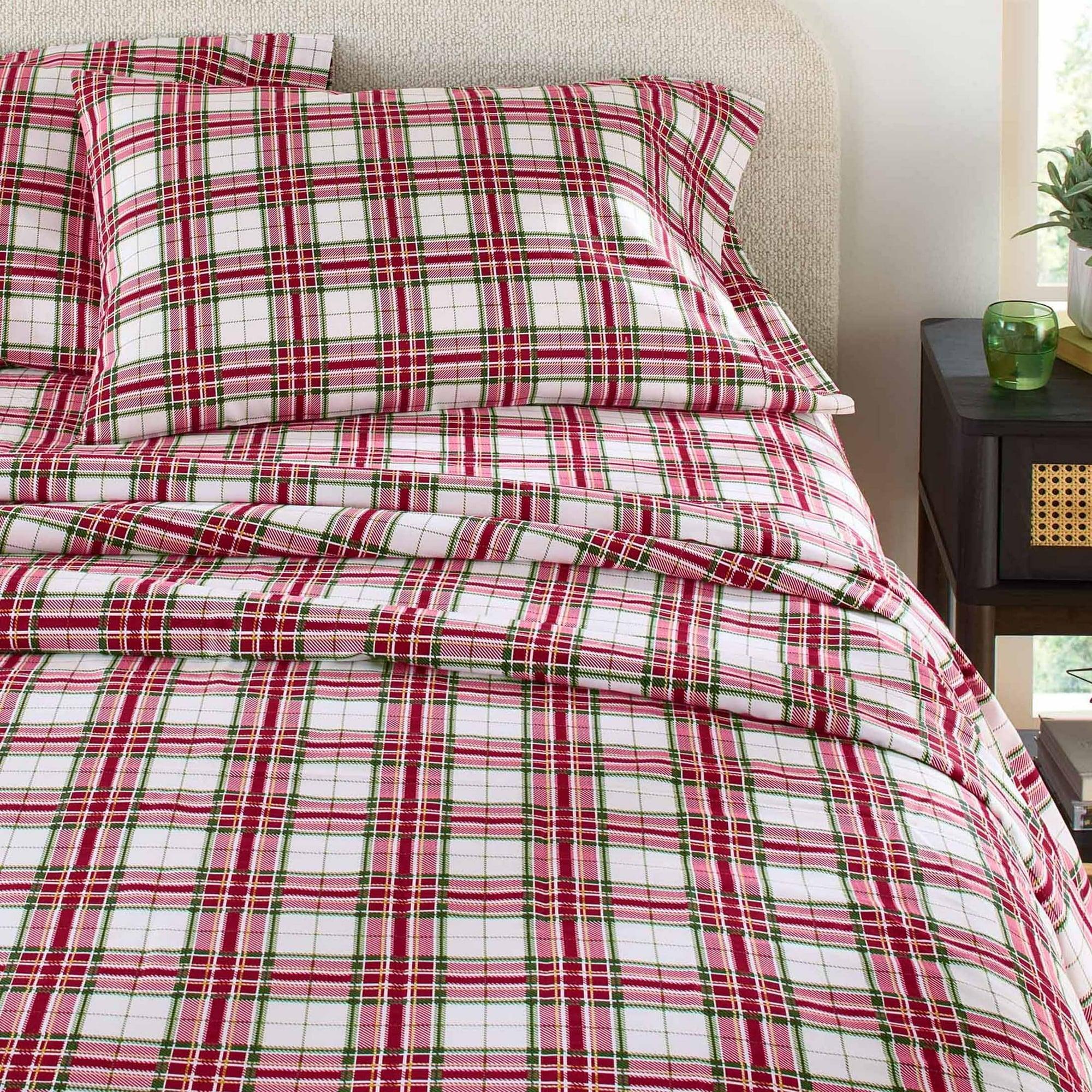 Better Homes & Gardens 4-Piece 300 Thread Count Red Plaid Sateen Sheet Set, Queen - ClubOn