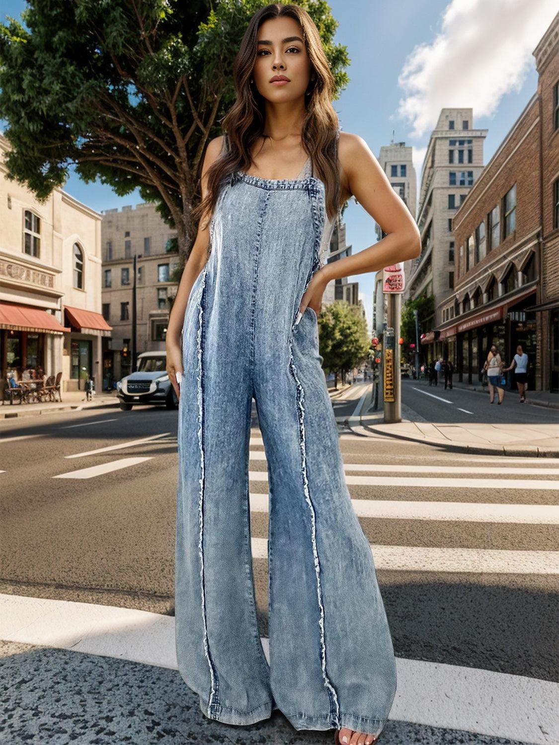 Adjustable Strap Wide Leg Denim Overalls - ClubOn