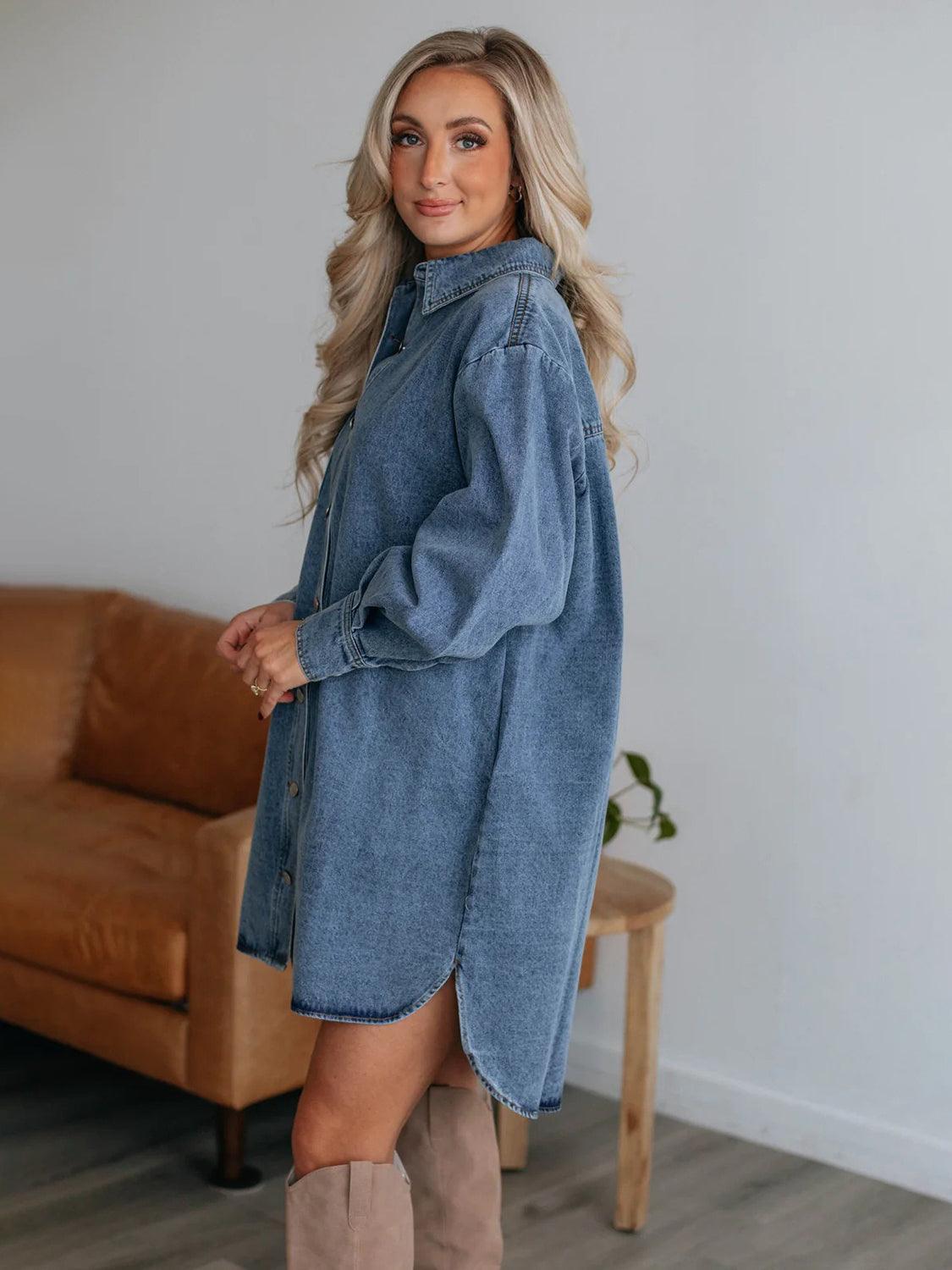 Button Up Collared Neck Long Sleeve Denim Dress - ClubOn