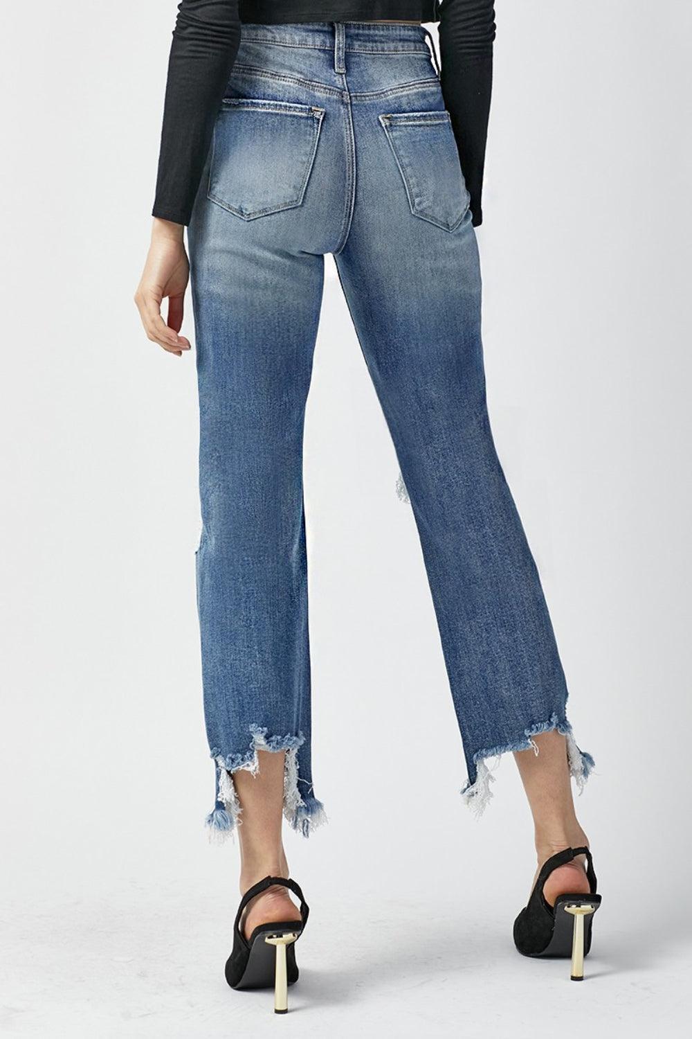 RISEN High Waist Distressed Frayed Hem Cropped Straight Jeans - ClubOn