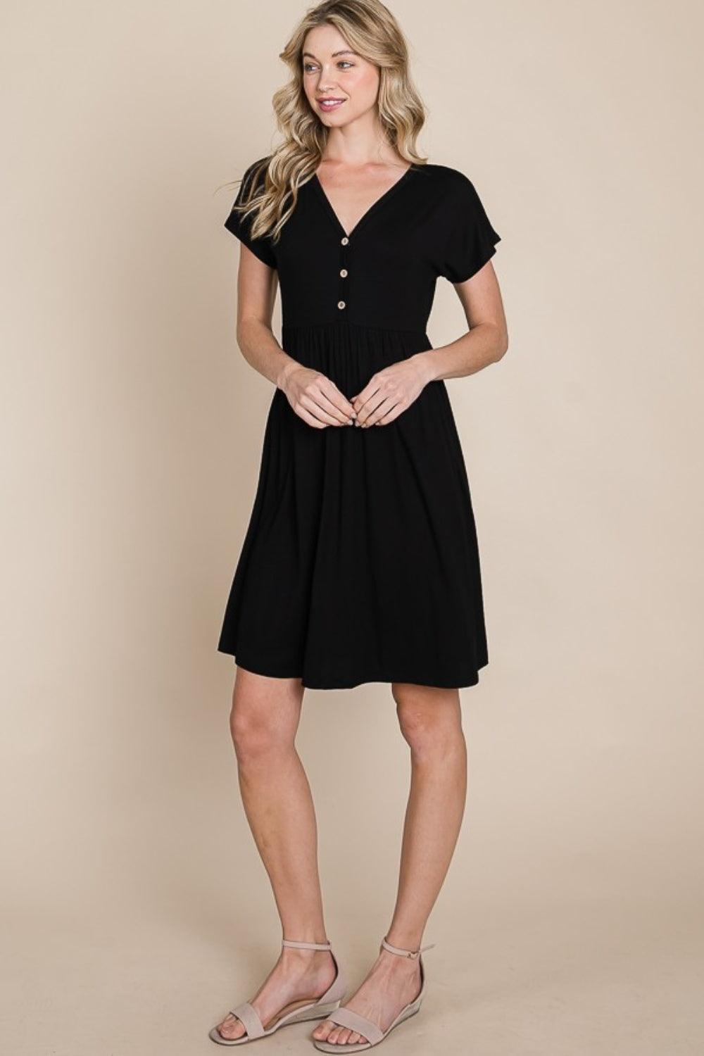 BOMBOM V-Neck Short Sleeve Dress - ClubOn