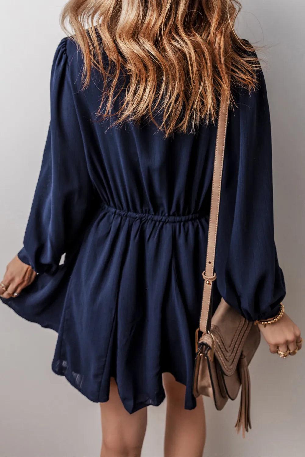 Drawstring Half Button Long Sleeve Dress - ClubOn