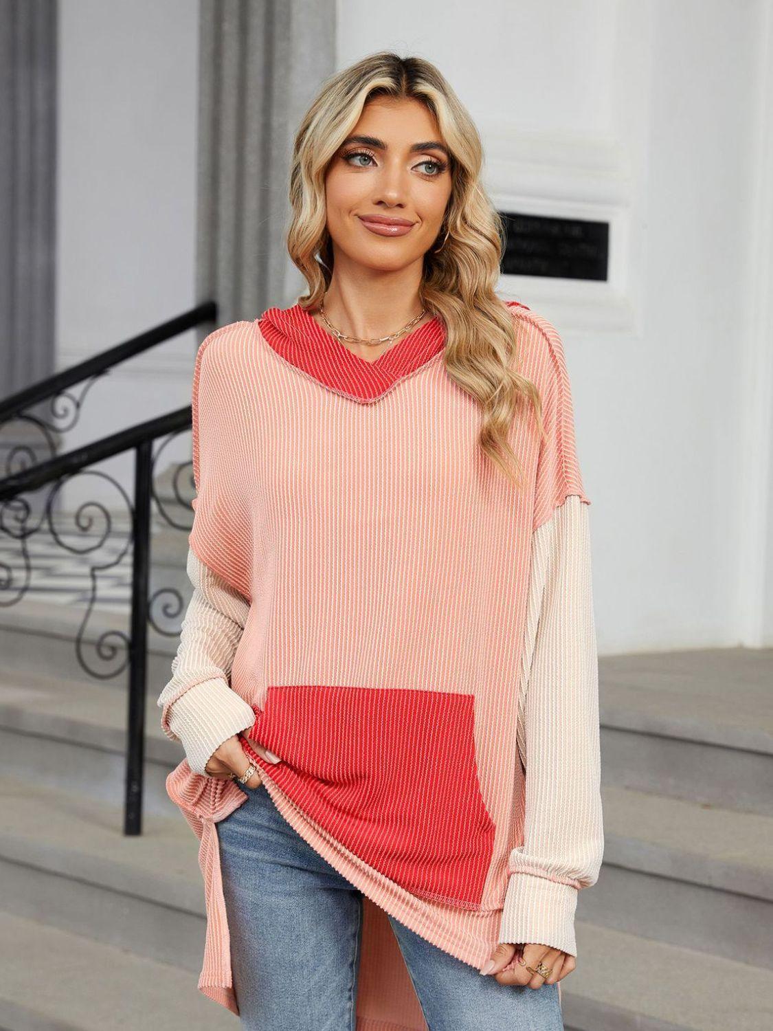 Double Take Contrast Hooded Long Sleeve Top - ClubOn