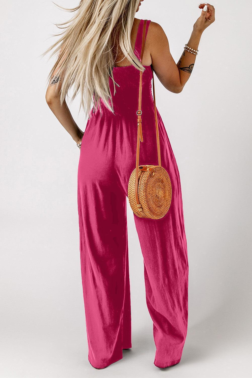 Smocked Square Neck Wide Leg Jumpsuit with Pockets - ClubOn