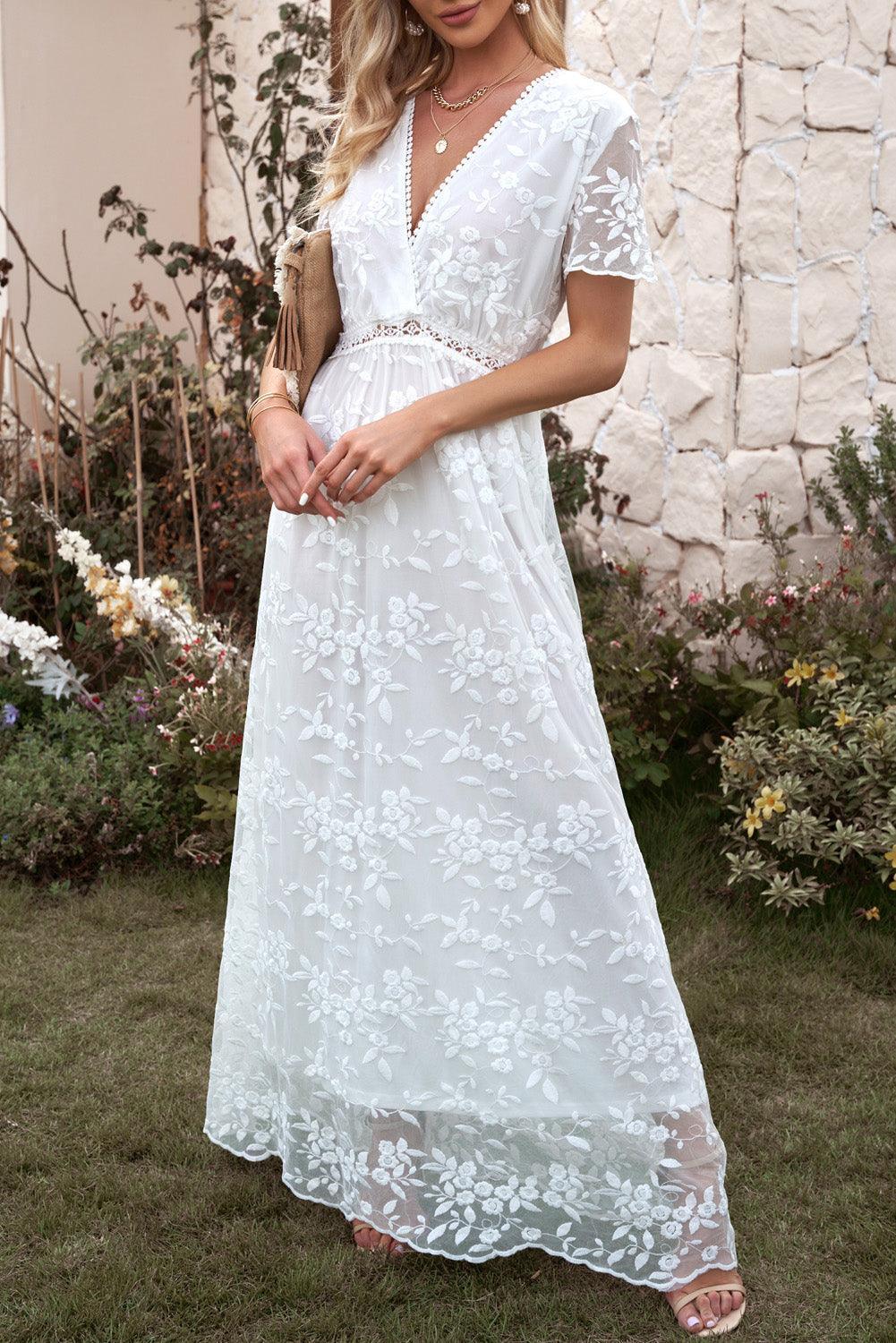 Embroidered Short Sleeve Surplice Neck Maxi Dress - ClubOn