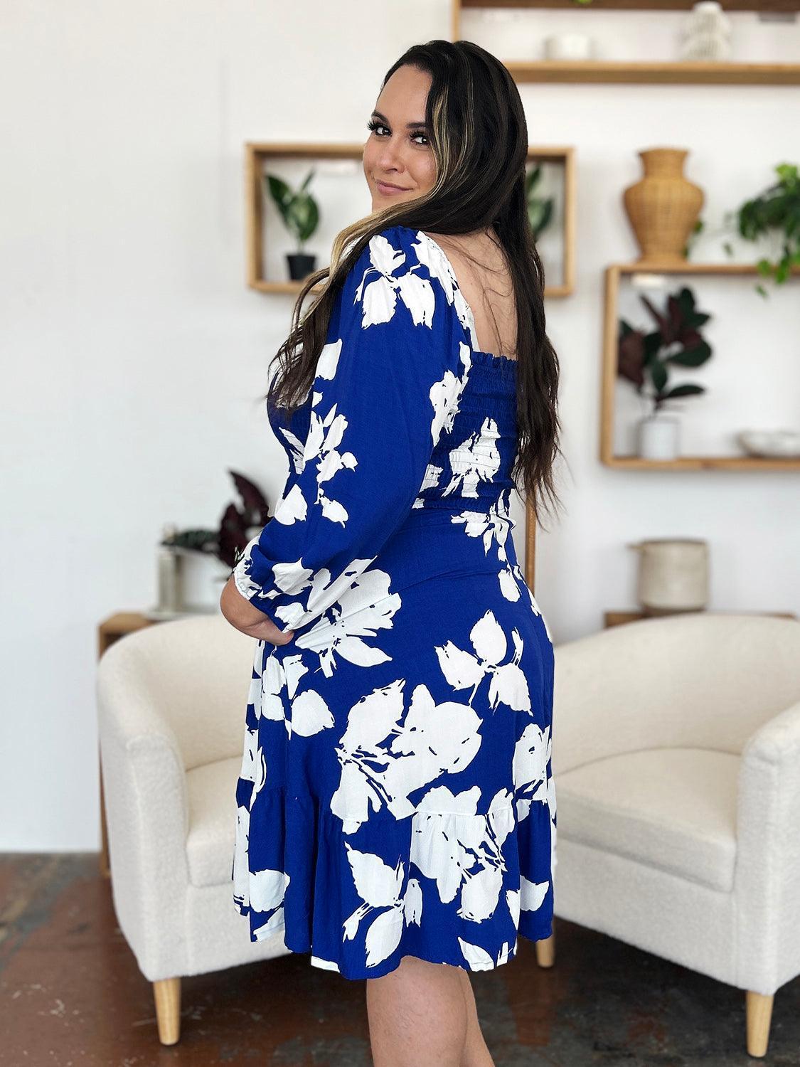 Double Take Full Size Floral Ruffle Hem Smocked Dress with Pockets - ClubOn