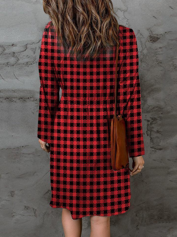 Double Take Full Size Plaid Round Neck Long Sleeve Magic Dress - ClubOn