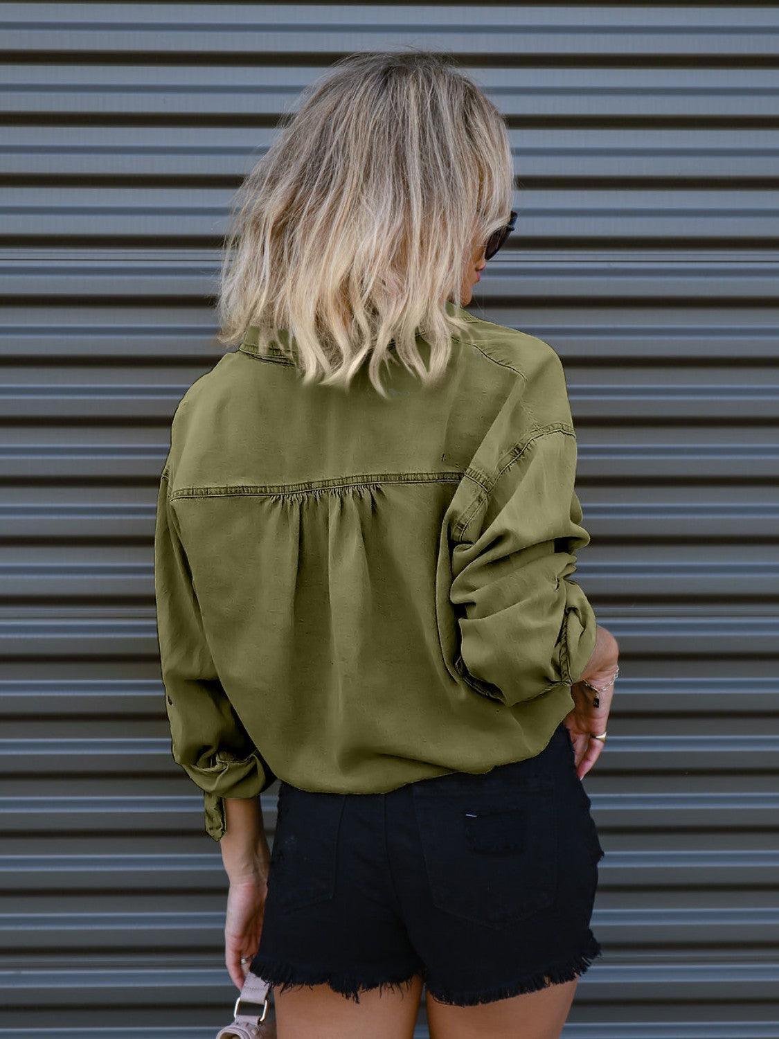 Drawstring Pocketed Button Up Denim Top - ClubOn