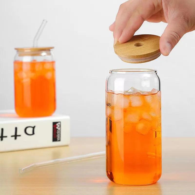 Glass Cups with Bamboo Lids & Straw - Mason Jar Style - ClubOn