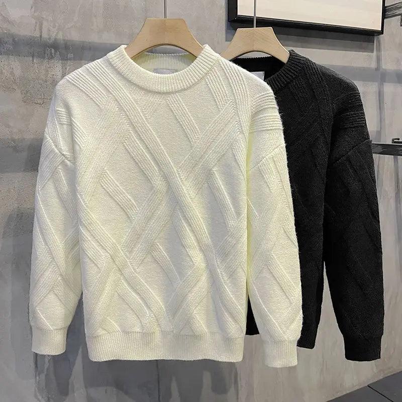 Oversize Plaid Round Neck Sweater for Men - Versatile Knit - ClubOn