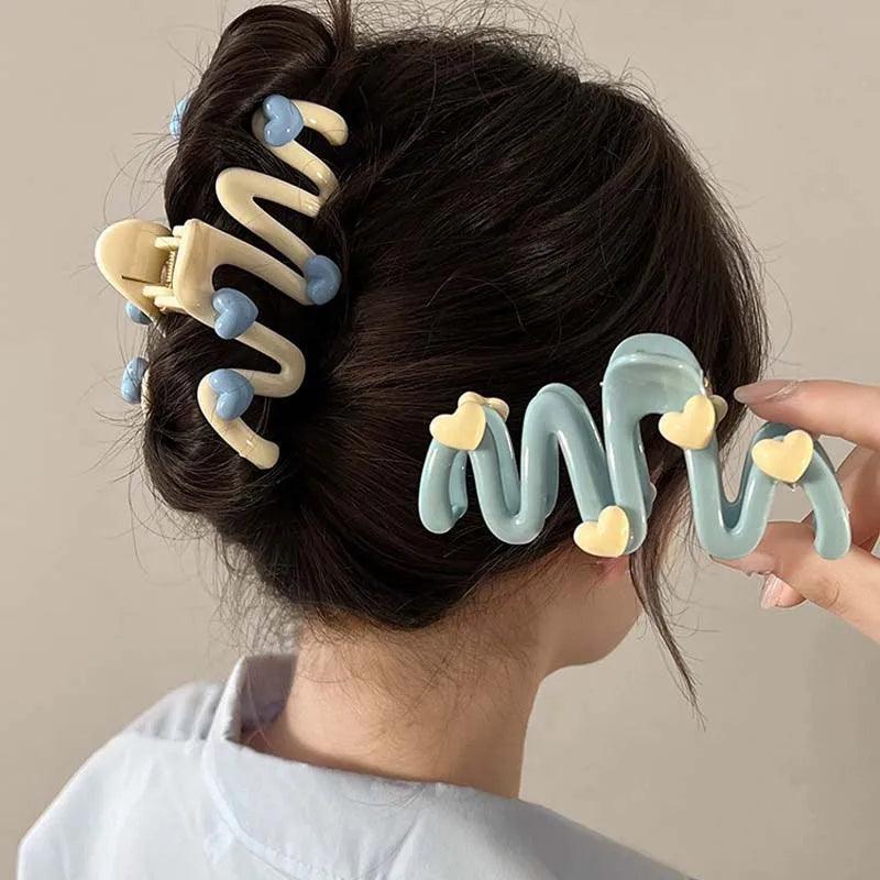 Colorful Heart Wave Hair Claw Clip – Korean Sweet Acrylic Large Shark Clip for Women - ClubOn