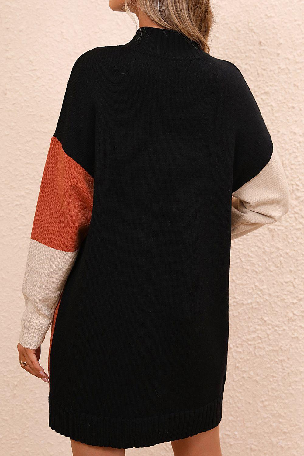 Color Block Mock Neck Dropped Shoulder Sweater Dress - ClubOn