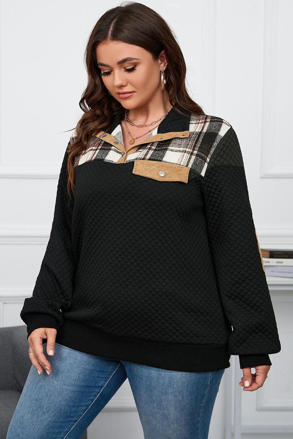 Plus Size Waffle-Knit Collared Neck Sweatshirt - ClubOn