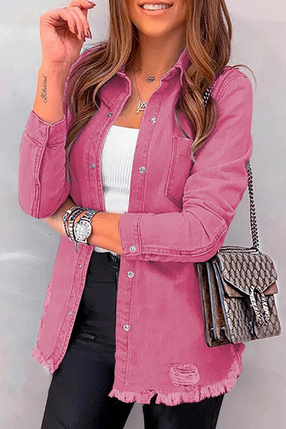 Distressed Raw Hem Snap Down Denim Jacket - ClubOn