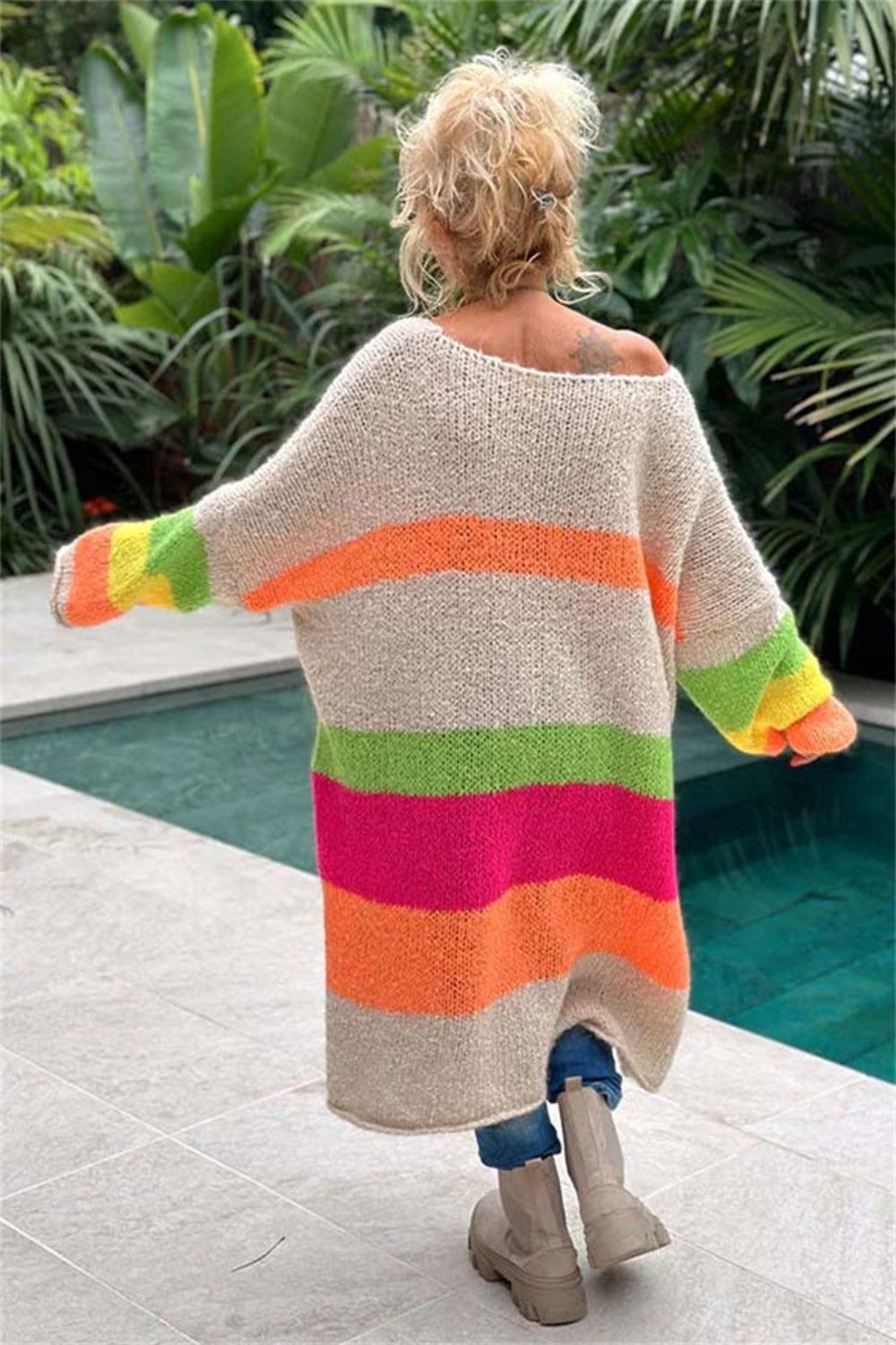 Color Block V-Neck Long Sleeve Sweater Dress - ClubOn