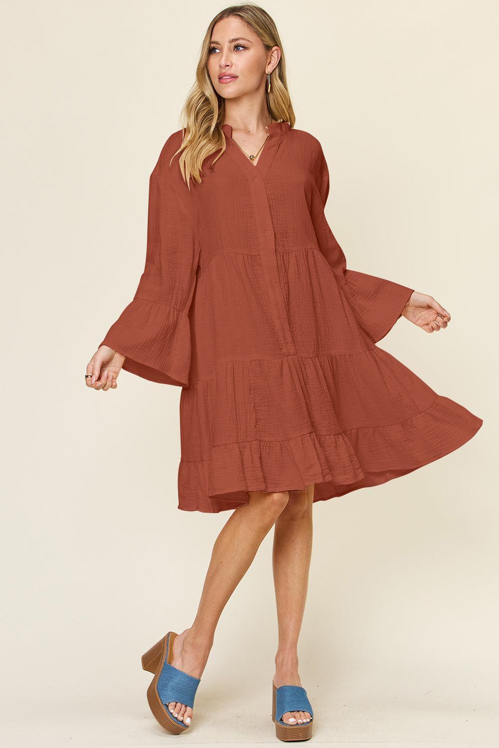 Double Take Full Size Texture Button Up Ruffle Hem Dress - ClubOn