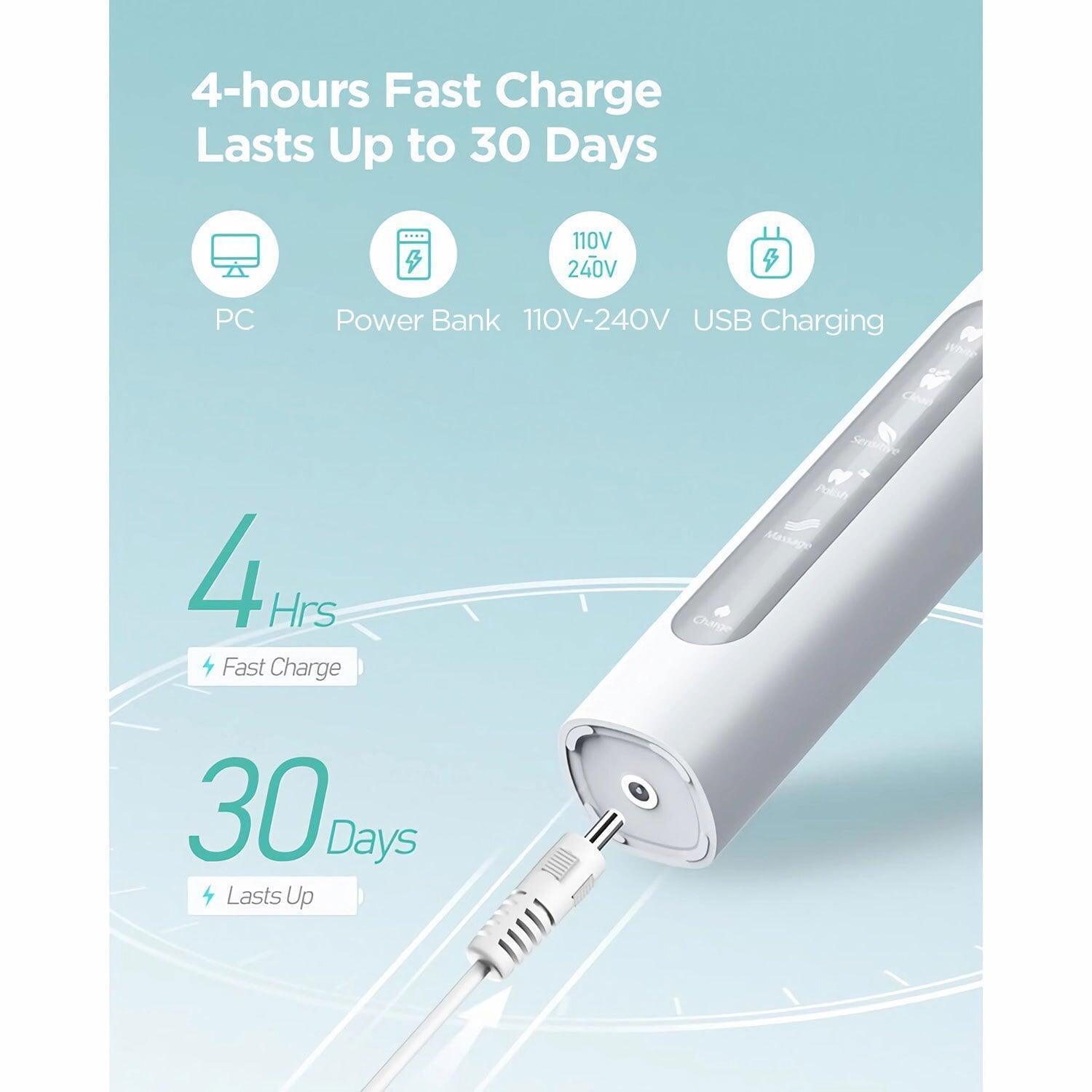 Fairywill Sonic Electric Toothbrush, 6 Brush Heads, IPX7 Waterproof, 5 Modes, 30 Days Battery Life - ClubOn