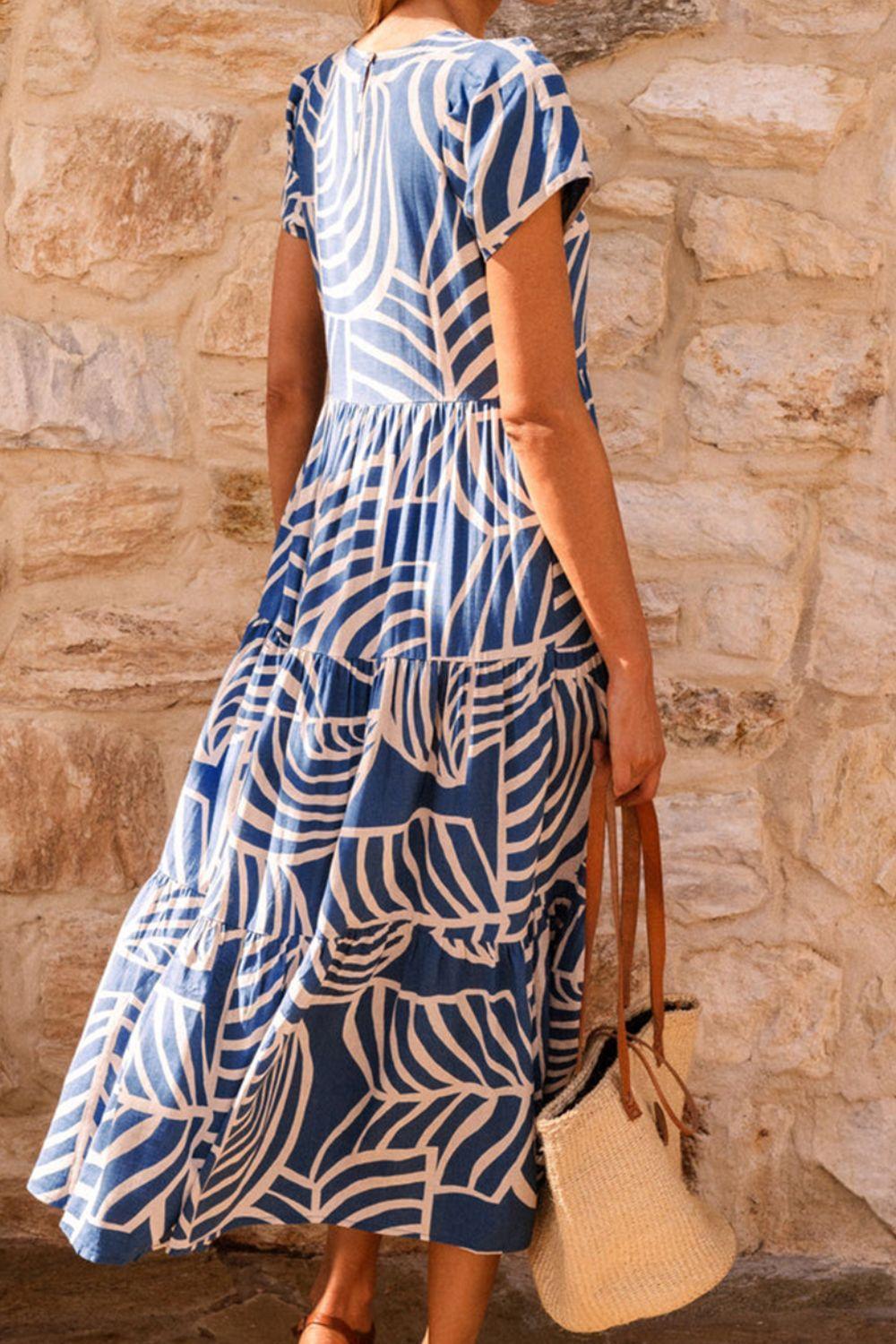 Tiered Printed Round Neck Short Sleeve Dress - ClubOn