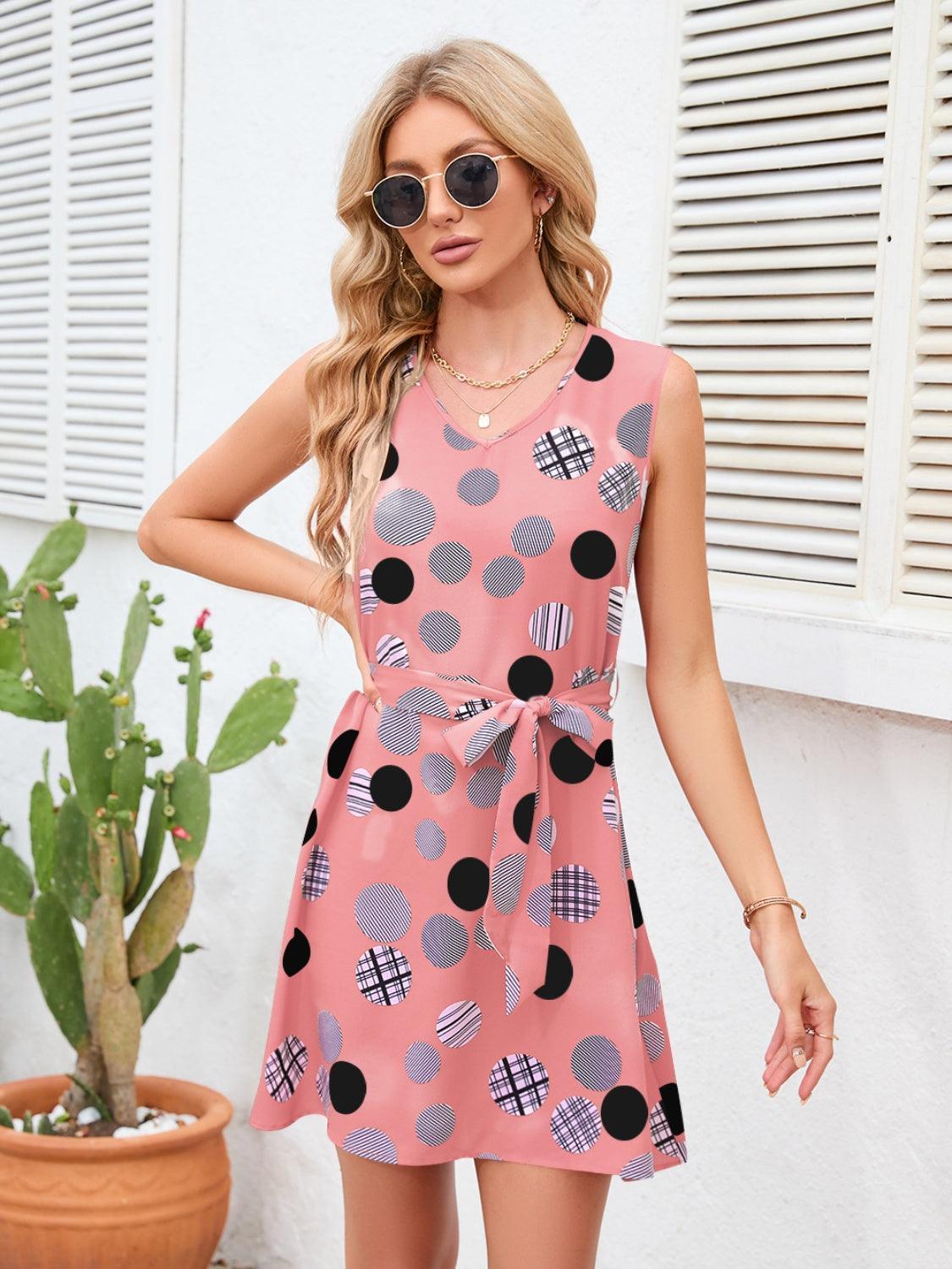 Tied Polka Dot V-Neck Dress - ClubOn