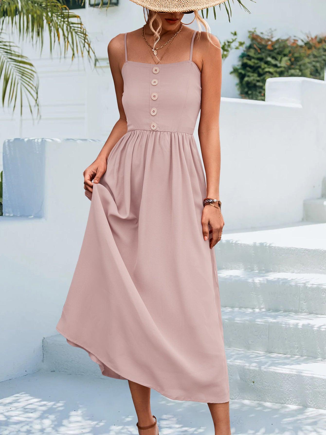 Decorative Button Spaghetti Strap Midi Dress - ClubOn