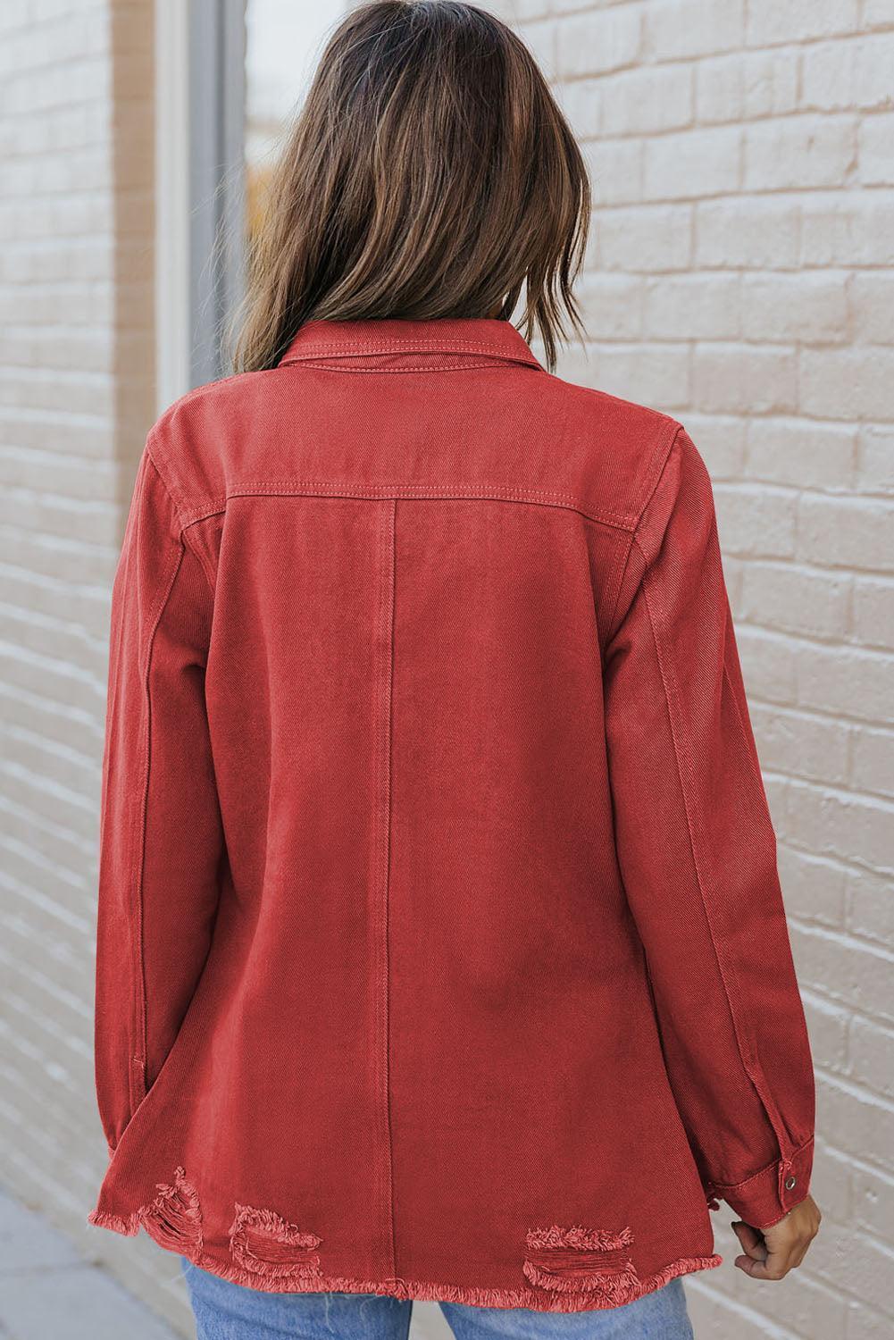 Distressed Raw Hem Snap Down Denim Jacket - ClubOn