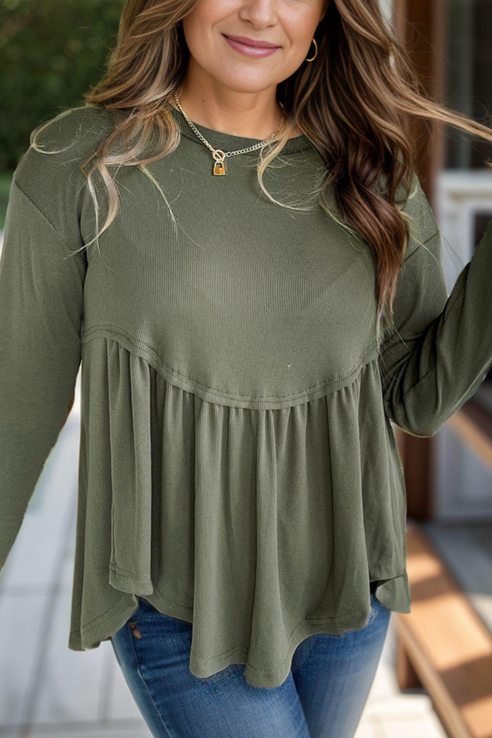 Plus Size Peplum Round Neck Long Sleeve Blouse - ClubOn